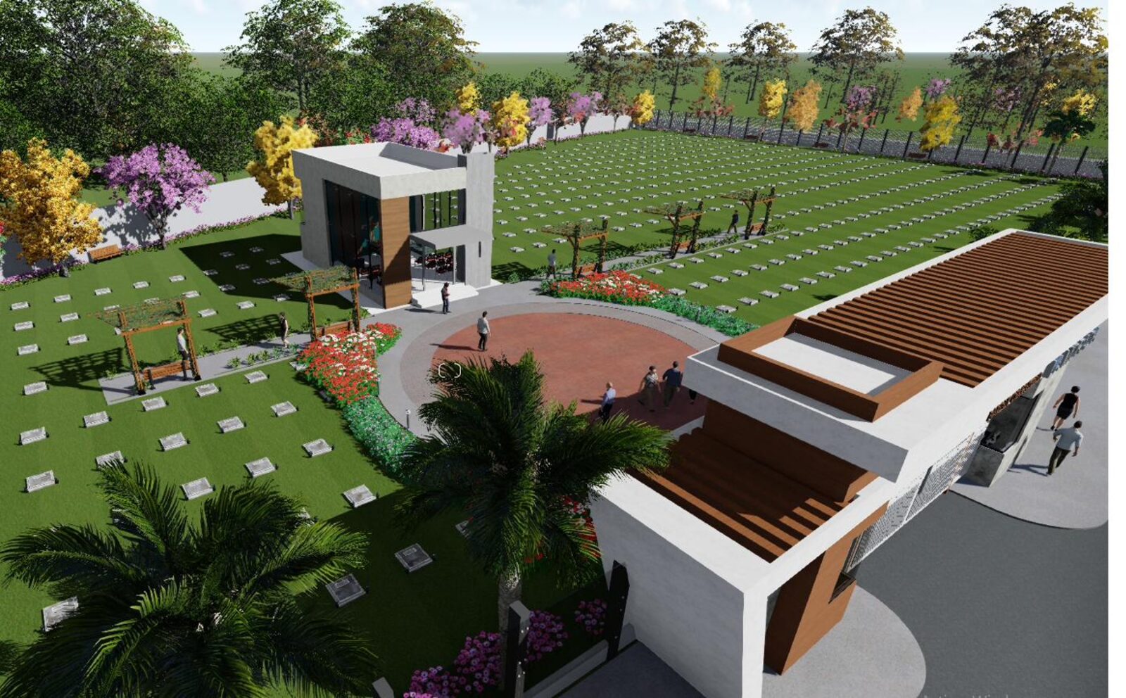 Jardines y plaza central del parque cementerio La Morada